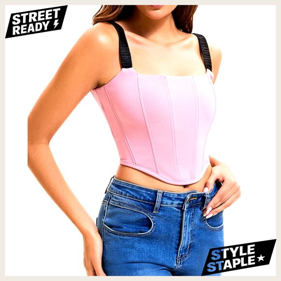 Lace-Up Back Corset Top with Flexible Boning Shirred Straps Size Small